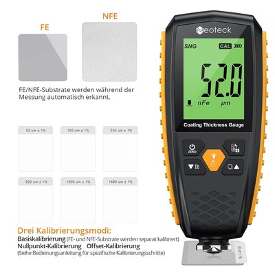 Neoteck Lackdickenmessgerät Wiederaufladbar Schichtdickenmessgerät Automatische Erkennung mit Lesero