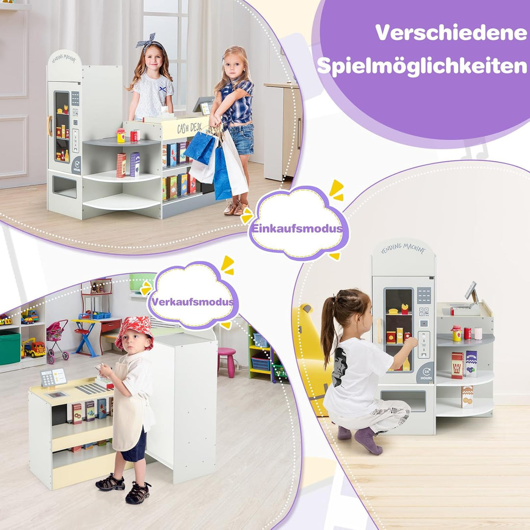 GOPLUS Kinder Kaufladen, Supermarkt aus Holz, Kaufmannsladen mit mit Kasse, POS-Automat & Verkaufsau
