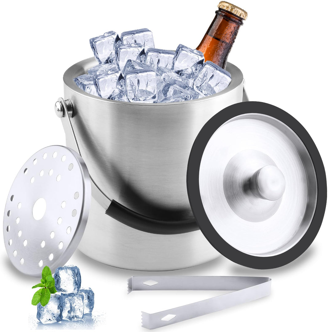 1.6L Eiswürfelbehälter, Eisbehälter mit Deckel, Eiskübel mit Clips und Sieb, Eiswürfelbehälter Edels