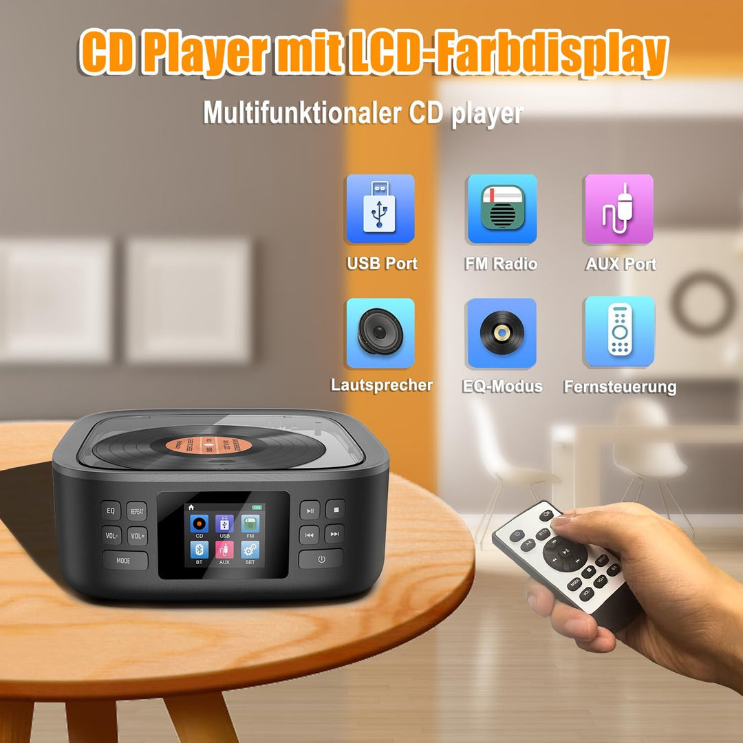 CD Player Tragbar, CCHKFEI Boombox CD Player Bluetooth & Radio FM mit Dual Stereo Lautsprecher LED-B