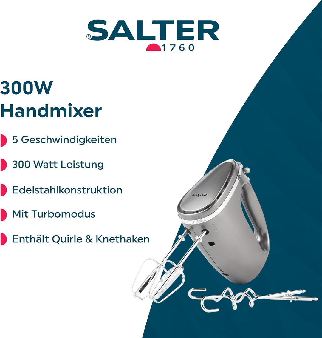 Salter EK4249COSVDEEU10 Elektrischer Handmixer/Schneebesen - mit Rührbesen und Knethaken, 5 Geschwin