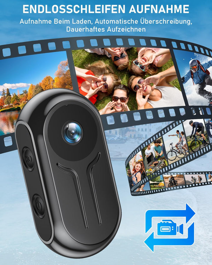Action Cam mit WiFi 2K Ultra-HD, Bodycam Körperkamera Mini 120° Weitwinkel, POV Kamera mit Bildschir
