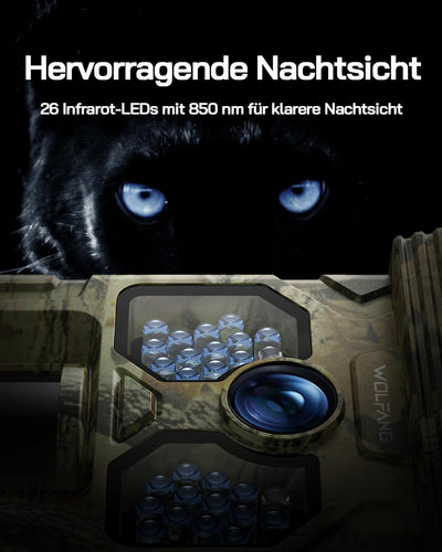 WOLFANG Solar Wildkamera 4K 48MP, Jagdkamera mit hervorragender Nachtsicht, Duale Stromversorgung, 0