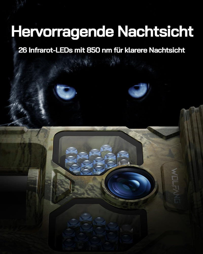 WOLFANG Solar Wildkamera 4K 48MP, Jagdkamera mit hervorragender Nachtsicht, Duale Stromversorgung, 0