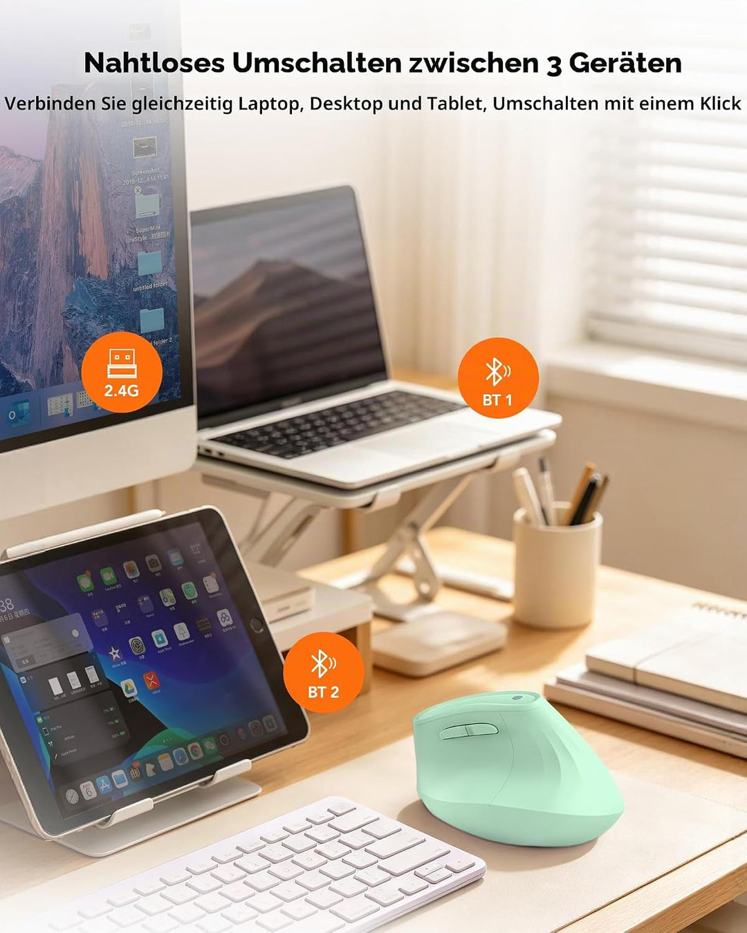 KYSONA Vertikale Ergonomische Maus 57°, Kabellos Bluetooth &amp; 2,4 GHz, 5 DPI-Stufen, Leise Klicks, Ha