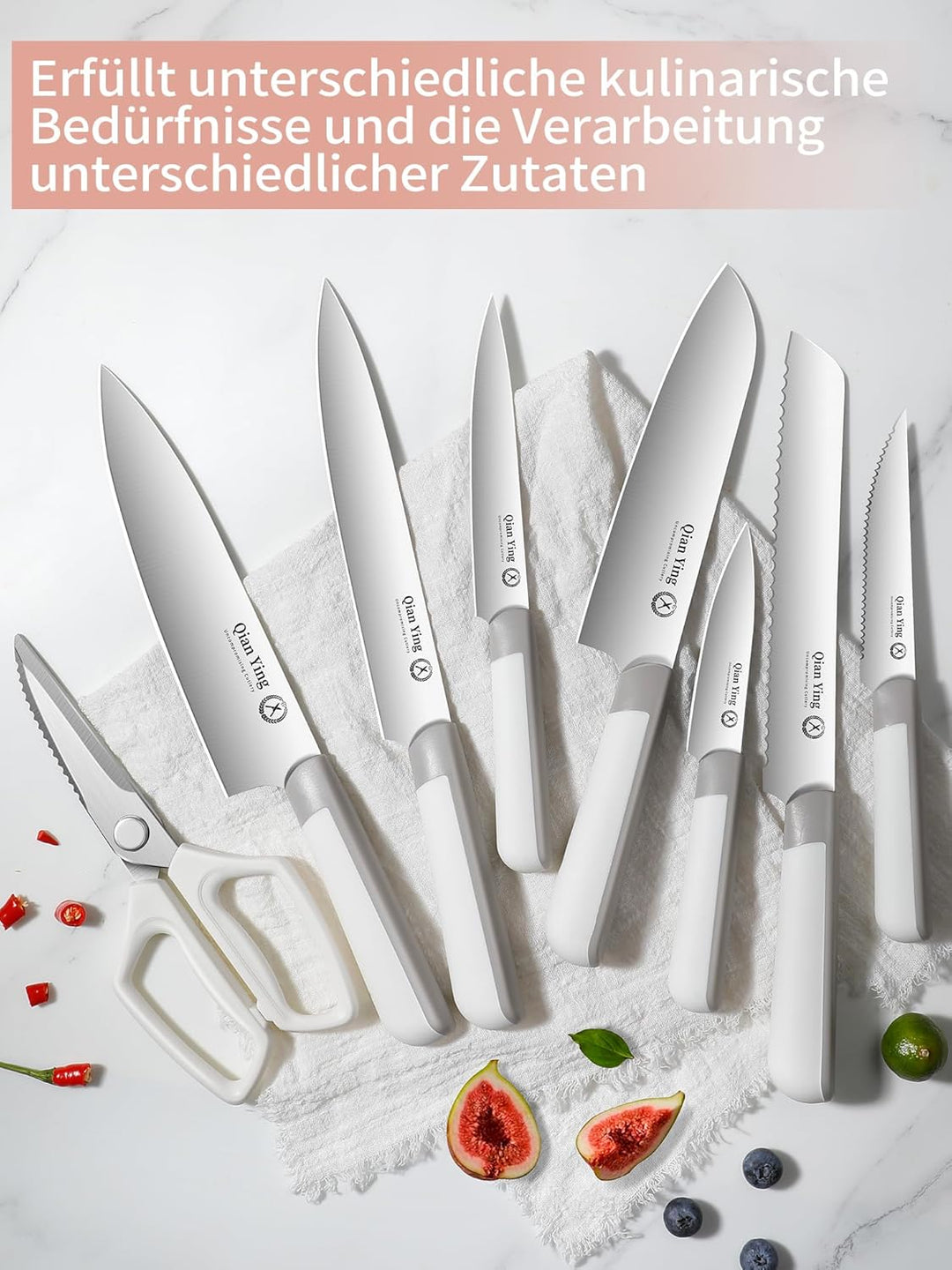 Messerset mit Block Weiss Küchenmesser Set: 14 Teilig Messer Set Fashion Messerblock mit Schärfer Ko