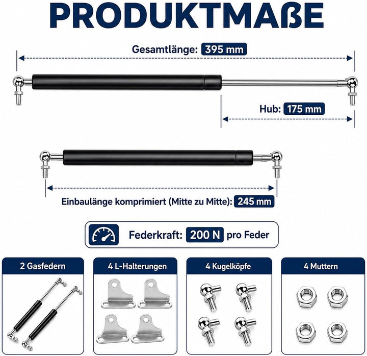 2 Stück Gasdruckfeder 200N, 380 mm Gasdruckdämpfer mit L-Halterungen