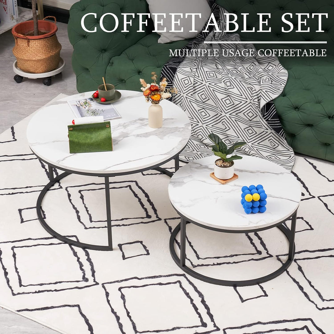 Soayone Couchtisch Rund 2er Set, Weiss Marmor Couchtisch mit Schwarz Metallgestell, Beistelltisch Ru