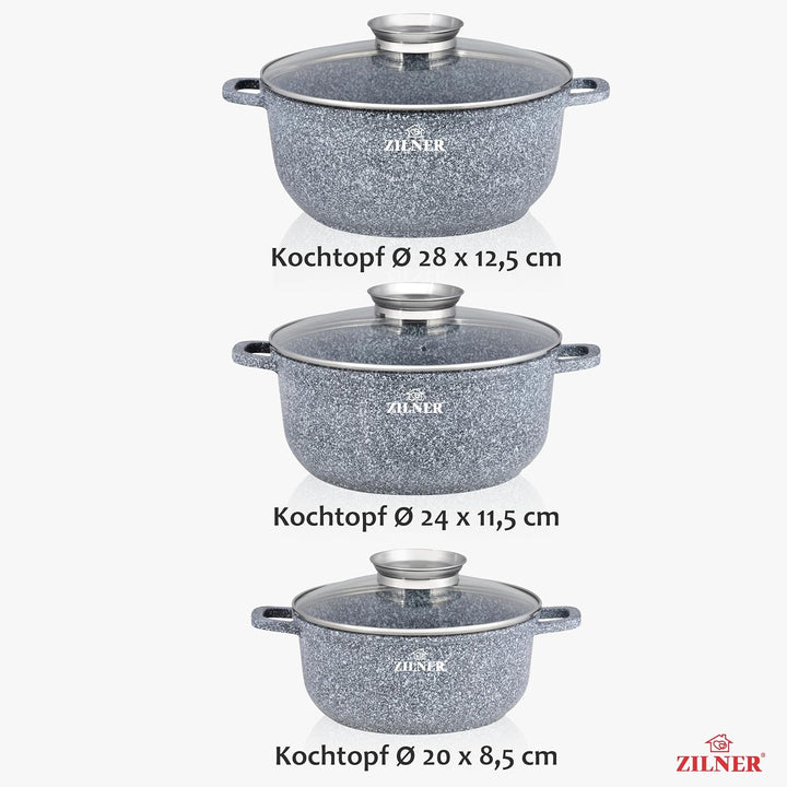 Topfset Induktion 6-Teilig mit Glasdeckel | Kochtopf Set 3 Töpfen aus Aluminiumguss | 3x Kochtöpfe Ø