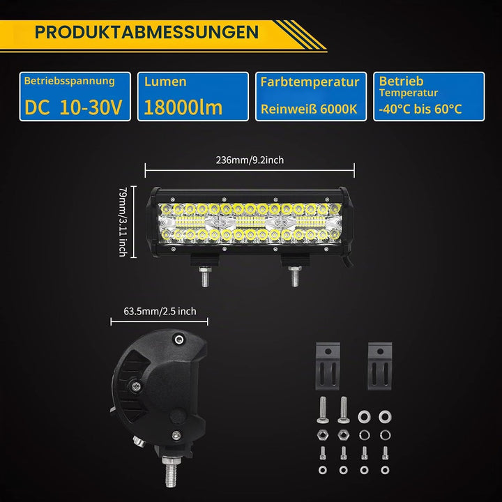 SKYWORLD LED Arbeitsscheinwerfer Bar 22.8cm 180W LED Scheinwerfer 12V 24V Arbeitslicht Zusatzscheinw