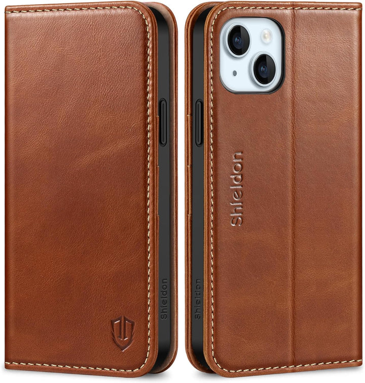 SHIELDON Hülle für iPhone 15 Plus, Handyhülle [Echtleder] [Kartenfach] [Magnet] [Standfunktion] [RFI