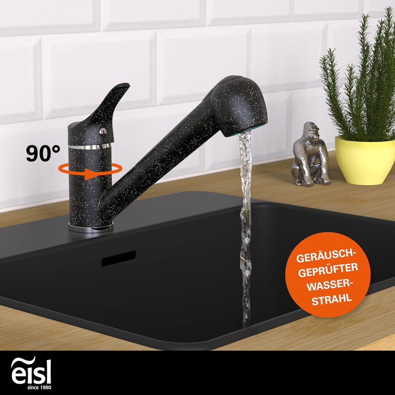 EISL Spültischarmatur GRANIT mit Geschirrbrause, 90° schwenkbare Küchenarmatur schwarz, ideal für Do