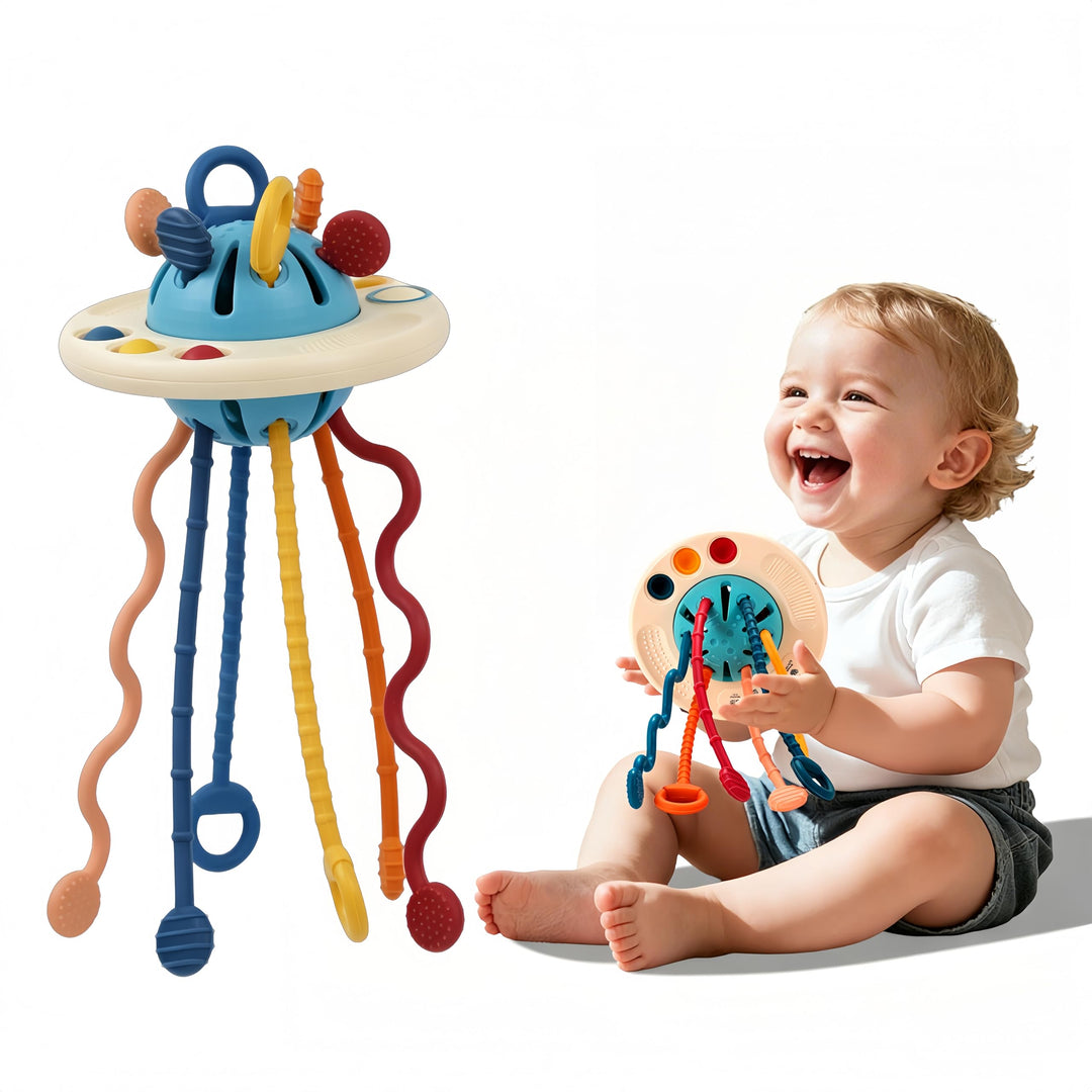 Montessori Baby Spielzeug ab 12 Monaten, 5-in-1 Sensorik Set mit Ziehspielzeug, Stapelringen & Rasse