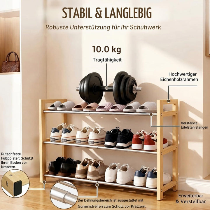 LEMIKKLE Schuhregal Holz Eiche 3-stöckig, Erweiterbar Mit Edelstahl-Elementen, Ideal Für Enge Räume,