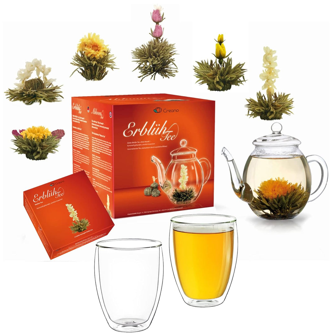 Creano Teeblumen Mix - Geschenkset Erblühtee mit Glaskanne & 2x 250ml Thermogläser - Weisser Tee (in