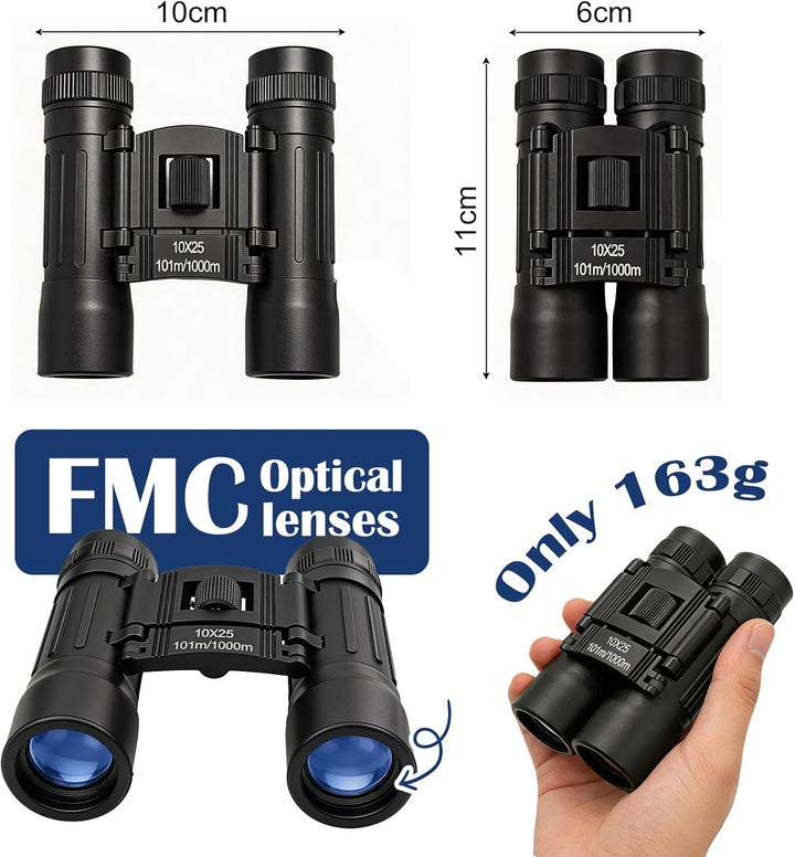 Fernglas für Erwachsene Kompakte 10x25 Leicht Handlich Bak-4-Prisma Fmc-Objektiv Rutschfestem Griff