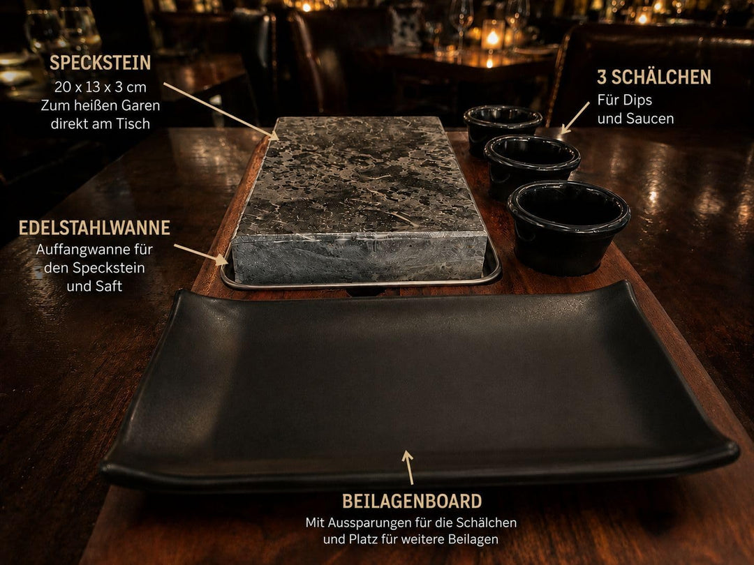 Premium Heisser Stein Steak Set – Speckstein mit massivem Akazienholzbrett, Edelstahlschale &amp; 3 Dip-