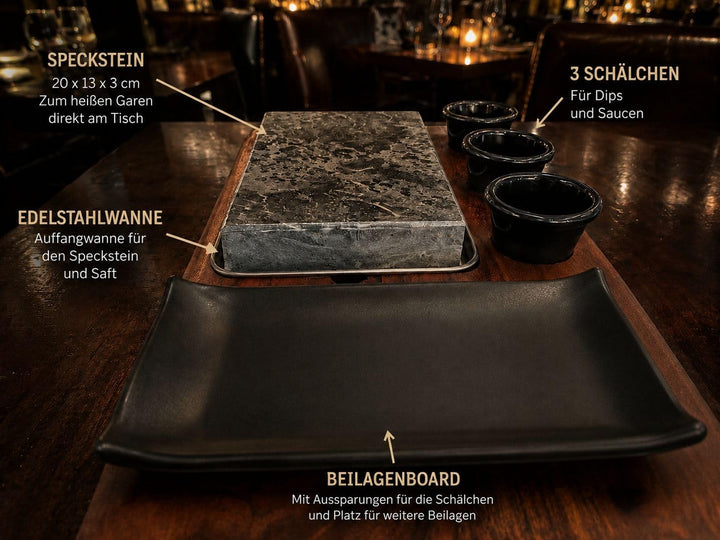 Premium Heisser Stein Steak Set – Speckstein mit massivem Akazienholzbrett, Edelstahlschale &amp; 3 Dip-