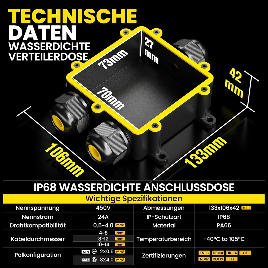 PEBA IP68 Wasserdichte Kabelanschlussdose, 3-Wege Outdoor Kabelverbinder, Abzweigdosen Wasserdicht V