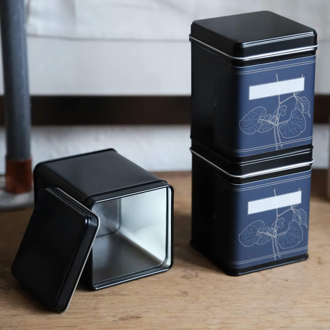 6x klassische eckige Teedose, stapelbar, aromadicht aus Metall für je 140g Earl Grey, inkl. 6 floral