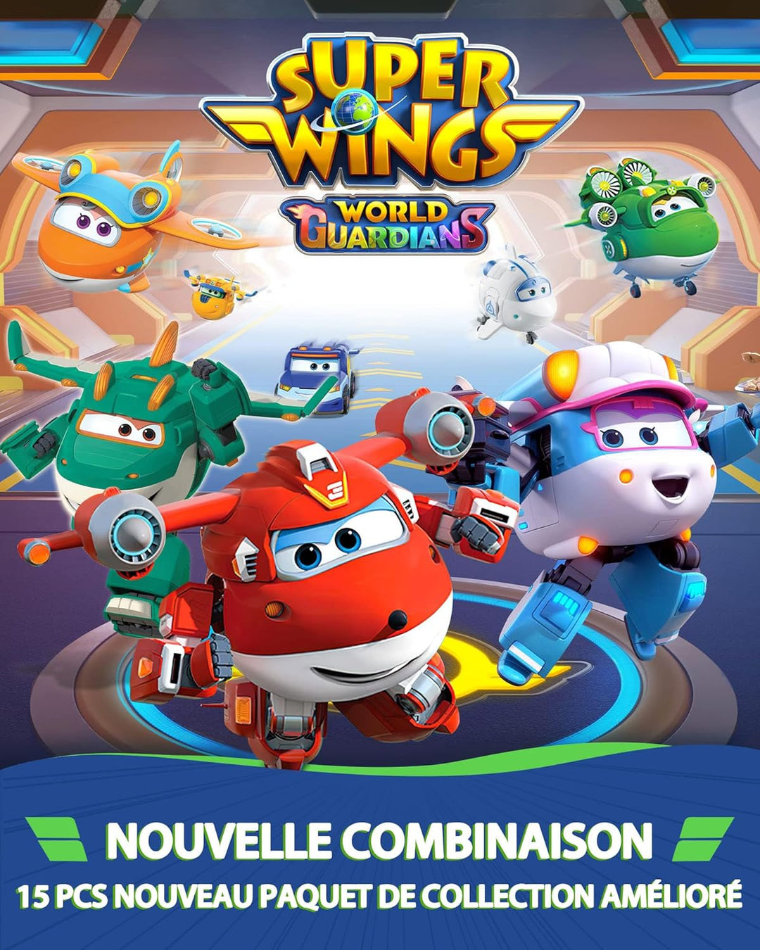 Super Wings World Airport Crew Verwandlungsroboter-Set, 8 Transformationsroboter und 7 PVC-Figuren,