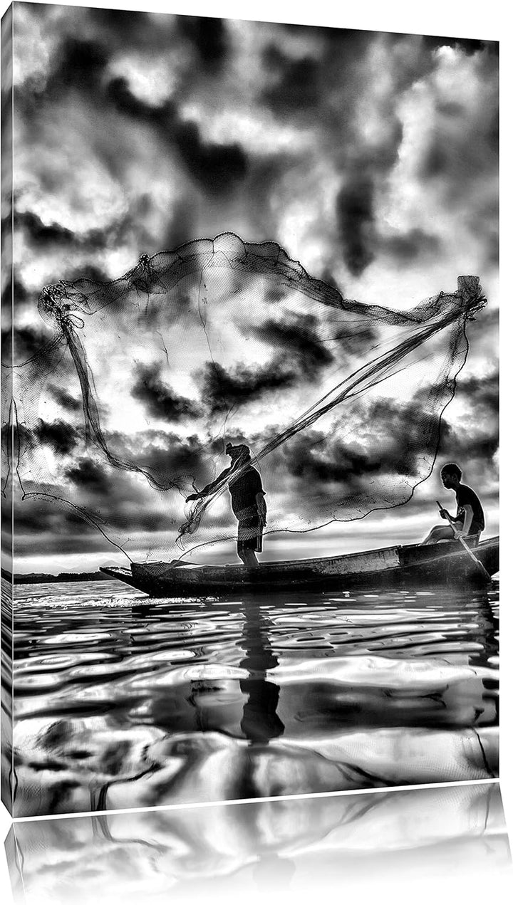 Pixxprint See mit Anglern / 100x70cm Leinwandbild bespannt auf Holzrahmen/Wandbild Kunstdruck Dekora