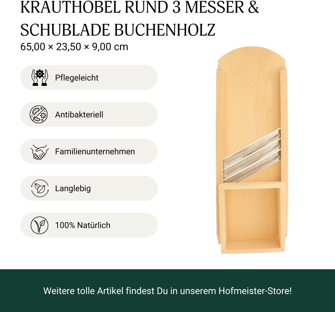 HOFMEISTER® Krauthobel 65 cm Holz - sicheres Schneiden von Krautköpfen &amp; Gemüse dank beweglichem Sch