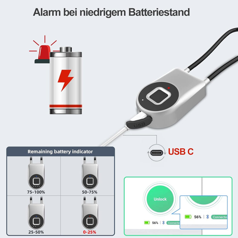 elektronisches Kabelschloss eLinkSmart Fahrradschloss Fingerabdruck mit Fingerabdruck/Telefon-App: 3