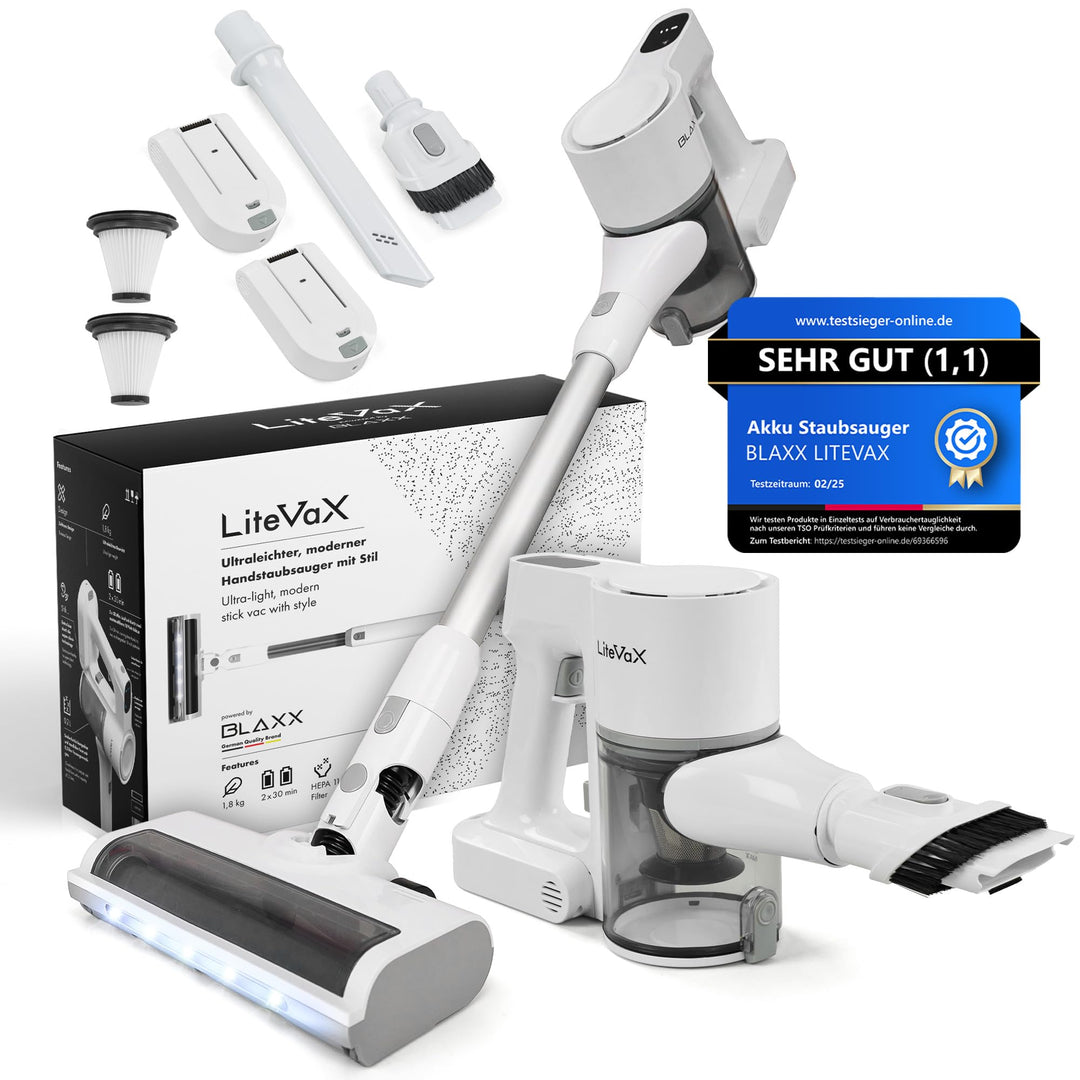 BLAXX LVX Akku Staubsauger kabellos – 60 Min Laufzeit, Akkustaubsauger mit 2 Akkus & Schnelllader, b