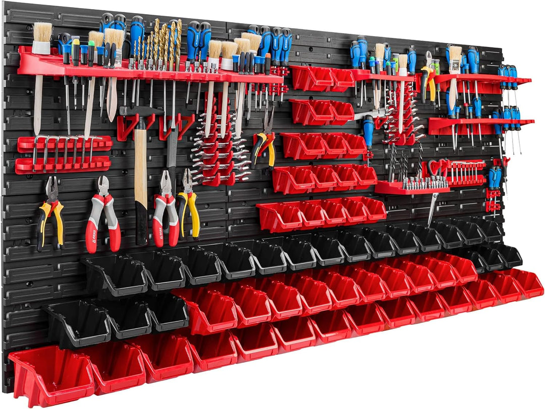 Lagersystem Werkstattregal | 172 x 78 cm | 60 stck. Box | Wandregal mit Werkzeughalterungen und Stap