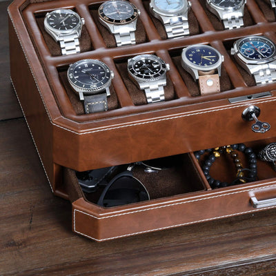 ROTHWELL 12-Fach-Leder-Uhrenbox mit Valet-Schublade – 12-Fach-Luxus-Uhrenetui, Display-Organizer, Mi