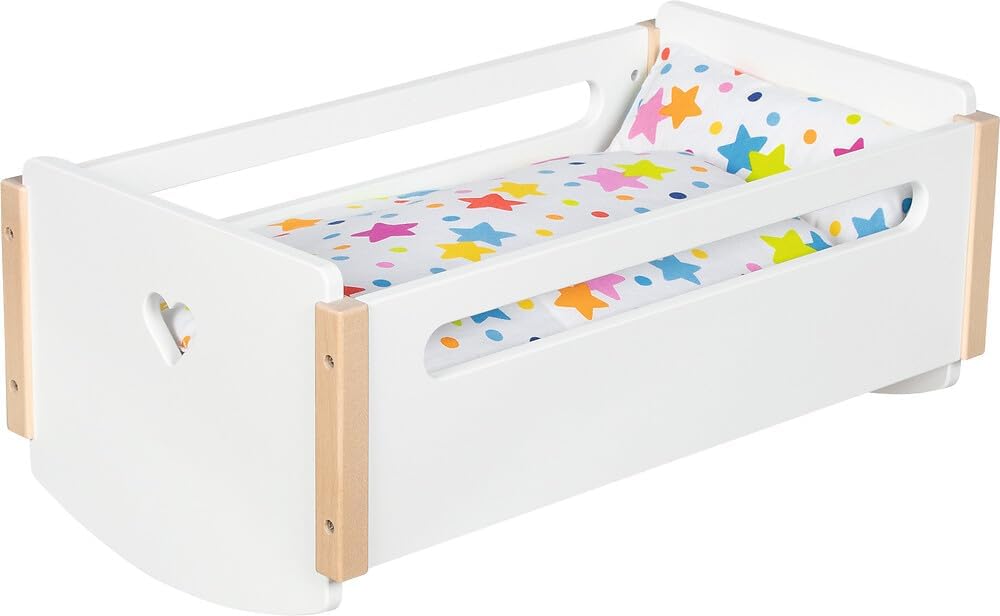 goki 51432 - Puppenwiege Herz, 52,2 x 30,3 x 22 cm, weiss &amp; Natur, Holz-Puppenbett mit Schaukelkufen