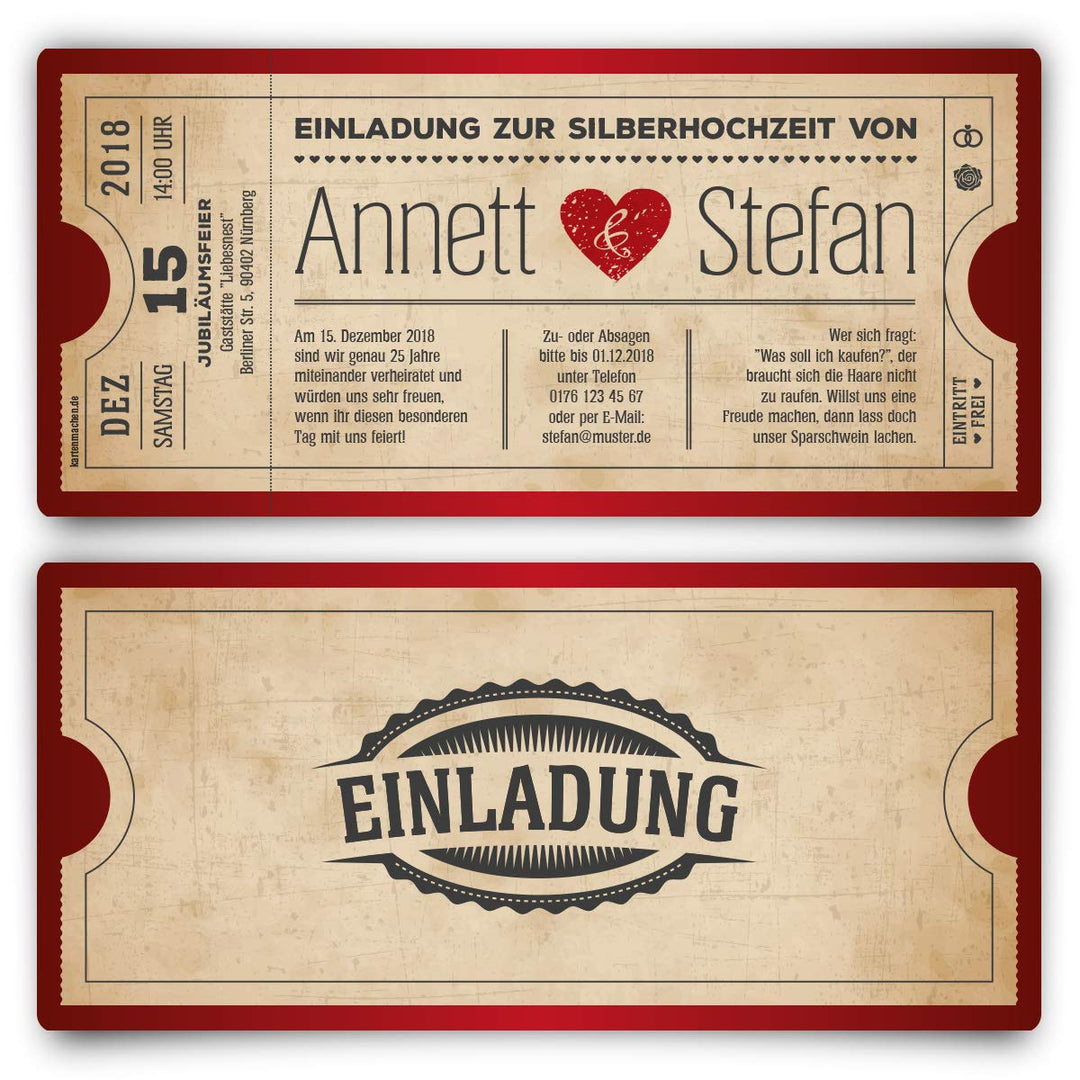 10 x Silberhochzeit Hochzeitseinladungen silberne Hochzeit Einladungskarten individuell - Vintage He
