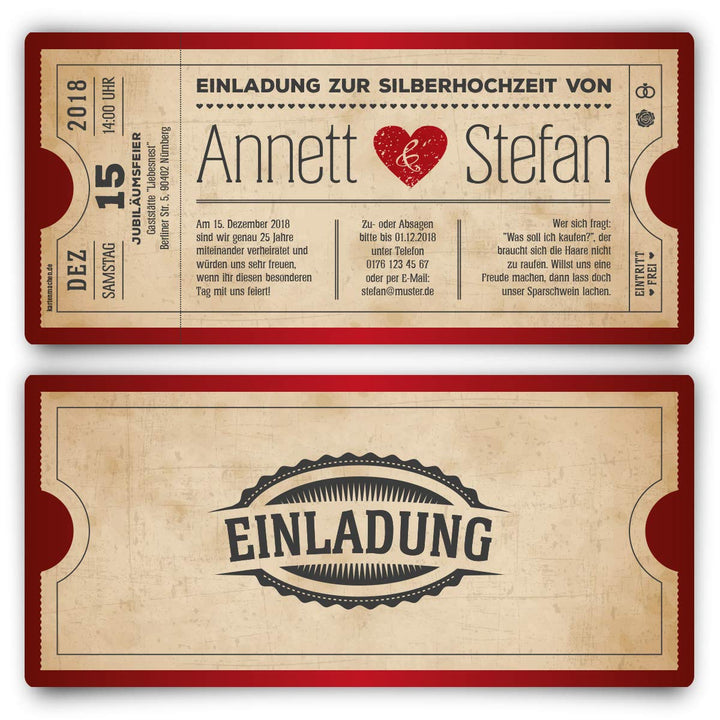 10 x Silberhochzeit Hochzeitseinladungen silberne Hochzeit Einladungskarten individuell - Vintage He