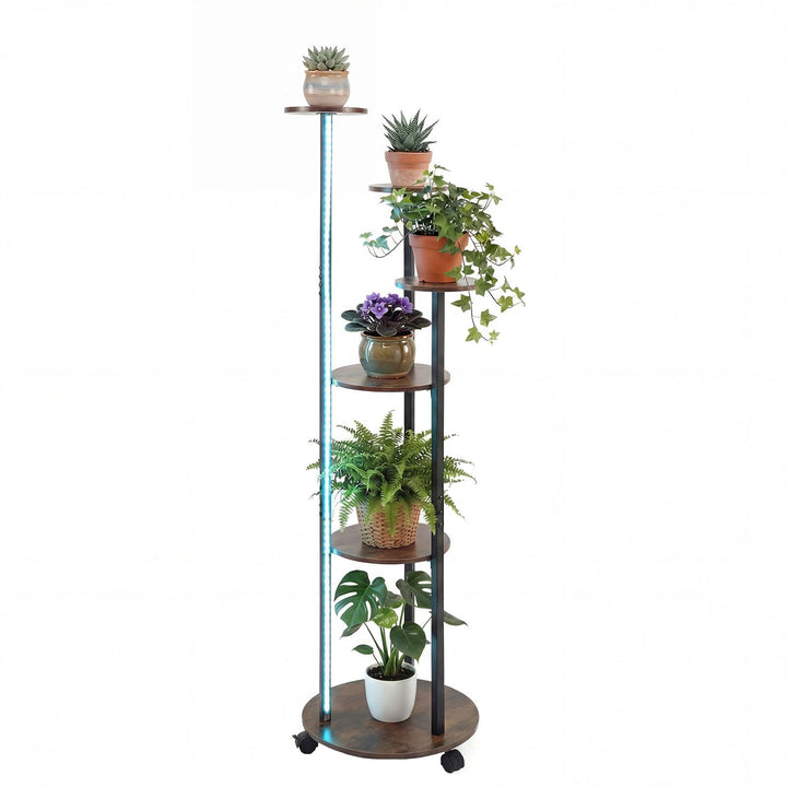 COSTWAY Blumenständer, 6-stufiges Pflanzenständer mit LED-Beleuchtung & Rollen, Pflanzenregal Outdoo
