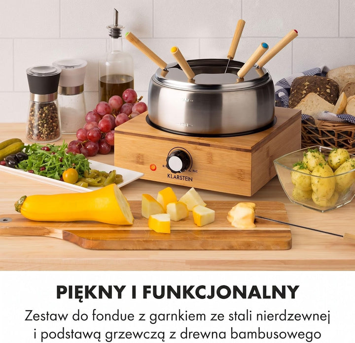 Klarstein Bambus Fondue, 800 Watt, Edelstahl-Topf, Gerätebasis aus Bambus, Füllmenge 1,3 Liter max.,