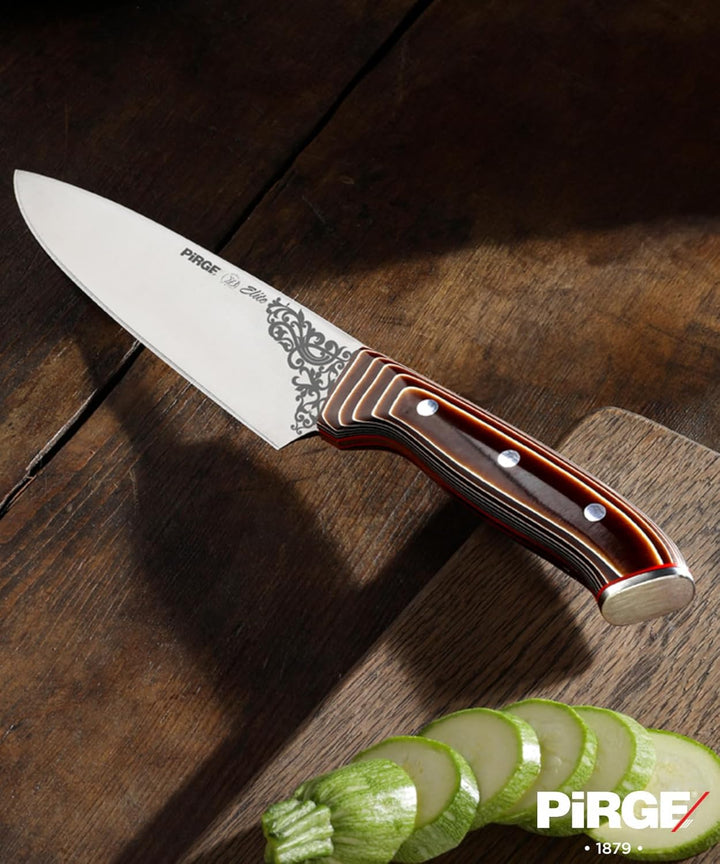 Pirge Elite Küchenmesser Set mit Block 7 TLG Edelstahl - Verbundholz Full Tang Messer Set mit Hainbu