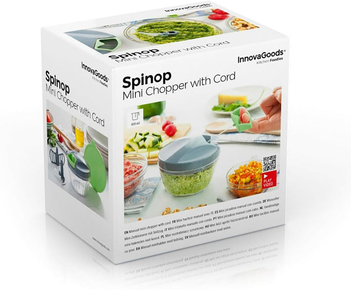 InnovaGoods - Manueller Mini-Zerkleinerer mit Seilzug Spinop, 400 ml Kapazität, Schnelles Hacken, Ei