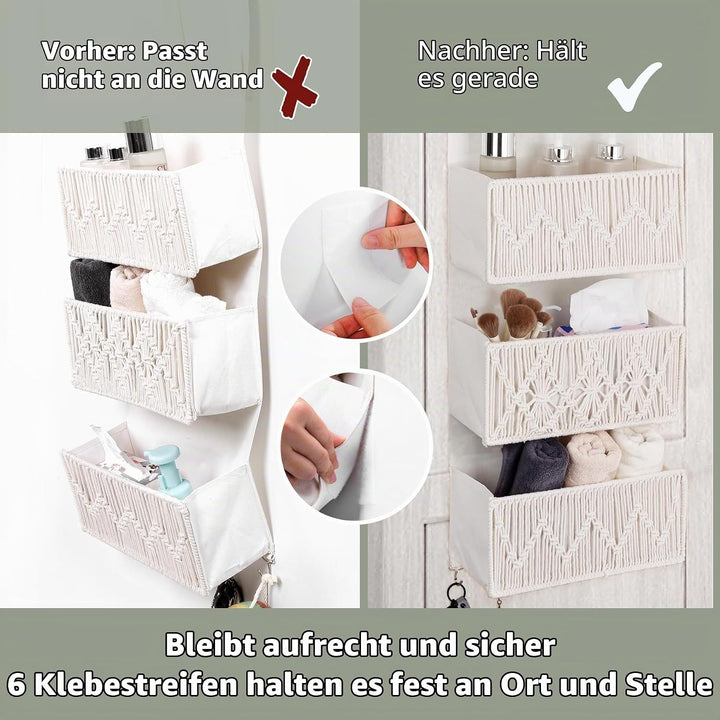 Hängeorganizer mit 3 Taschen, Boho Makramee Wand Organizer mit Haken, Hängende Aufbewahrung aus Baum