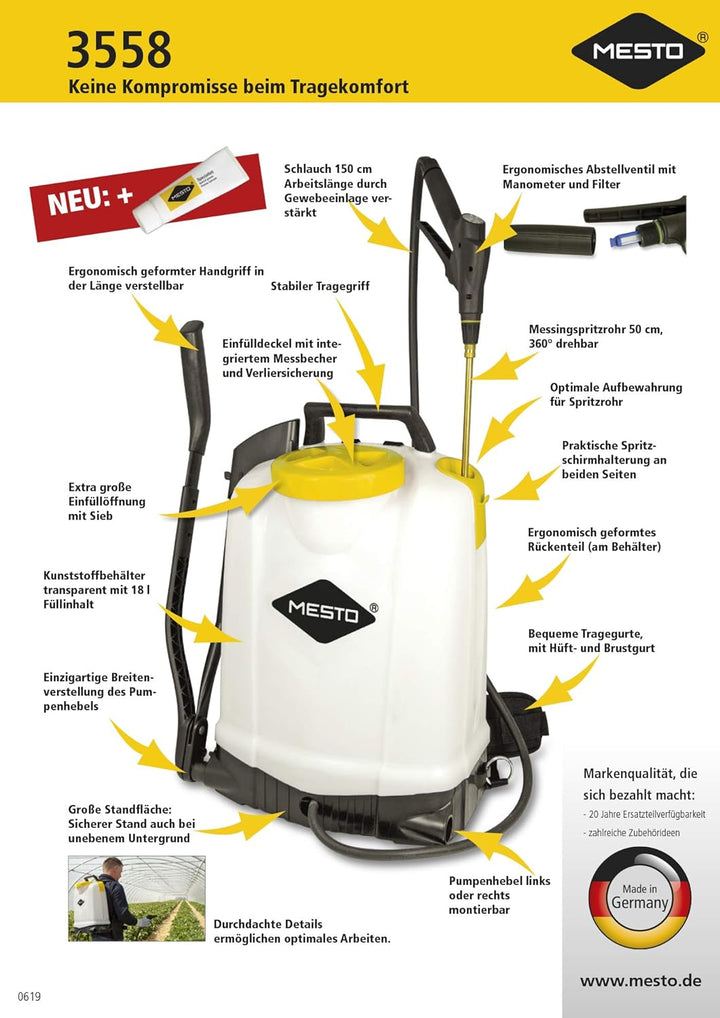 Mesto Rückensprüher Typ 3558 (Rückensprühgerät 18,0 Liter, Hohlkegeldüse Messing, Gartenspritze, max