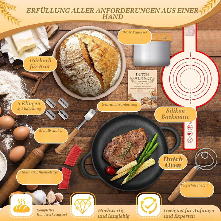 NZQXJXZ Gusseisen Topf Brot Backen 5.7L, Brotbackform mit Deckel, 26 cm Dutch Oven mit Brot Gärkorb