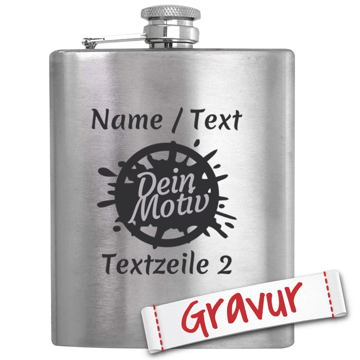 Edelstahl Flachmann mit Gravur, Text Name Motiv personalisiert, Geschenk für Männer, Trauzeugen, Jäg