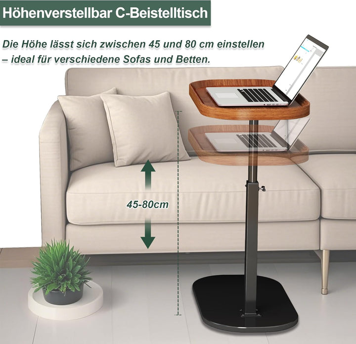 Beistelltisch C Form Höhenverstellbar 30x45cm, Holz Klein Couchtisch Sofatisch mit 360° Drehbar, Ova