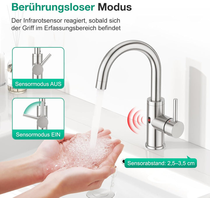 CREA Infrarot Wasserhahn 360° drehbar mit Automatischer Sensor Berührungslose, Einhebelmischer Armat