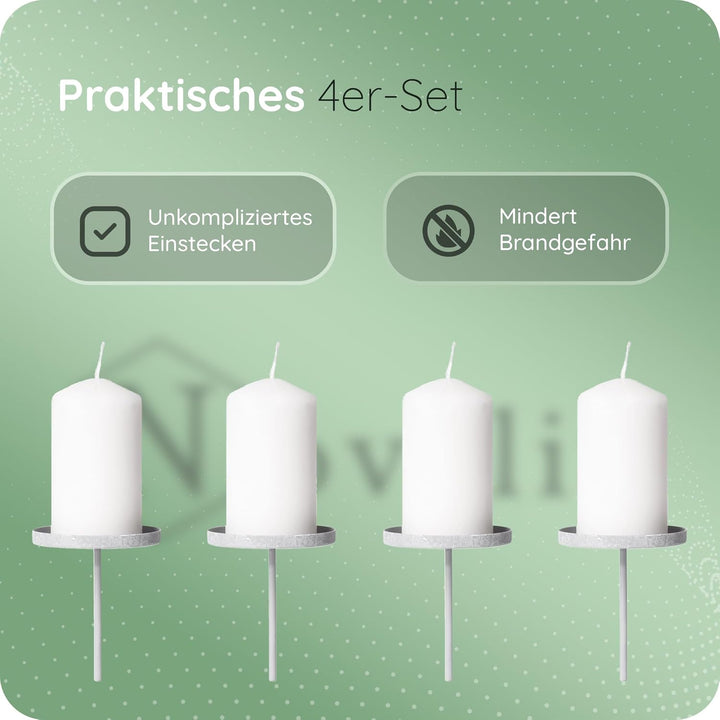 Novaliv 4X Kerzenpick Flach 8 cm GRAU Kerzenhalter für Adventskranz Kerzenpin Weihnachtskranz, 4