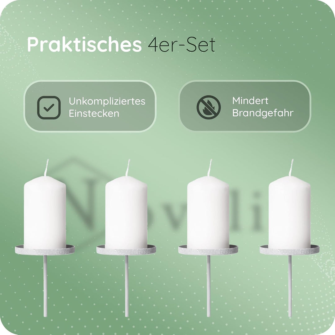 Novaliv 4X Kerzenpick Flach 6,5 cm GRAU Kerzenhalter für Adventskranz Kerzenpin Weihnachtskranz, 4