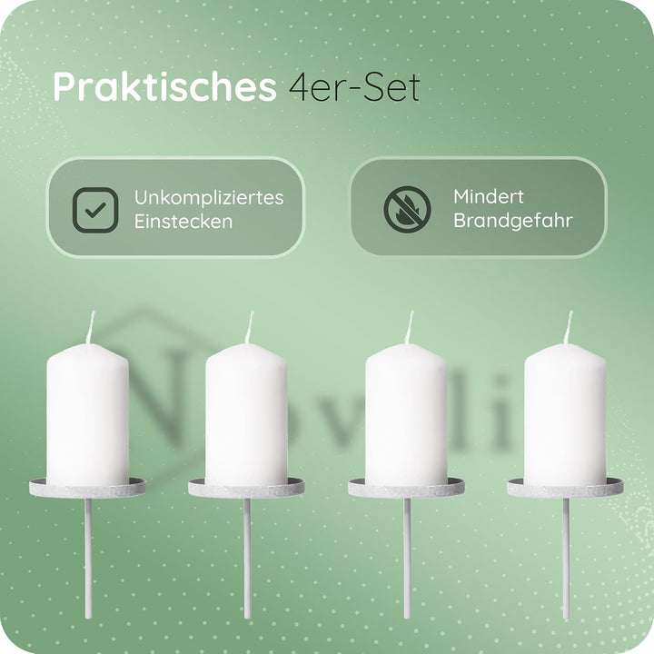 Novaliv 4X Kerzenpick Flach 6,5 cm GRAU Kerzenhalter für Adventskranz Kerzenpin Weihnachtskranz, 4