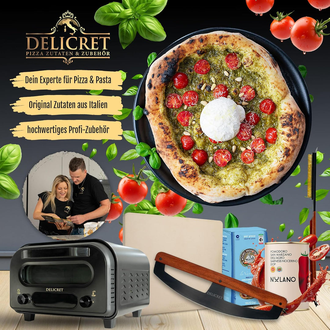 DELICRET "Black Line"- Pizza Wiegemesser | Pizzaschneider mit Akazienholtgriff & scharfer Edelstahlk