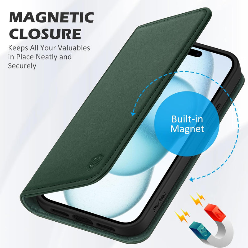 SHIELDON Hülle für iPhone 15 5G, Lederhülle [Echtleder] [RFID Blocker] [Kartenfach] [Magnet] TPU, St