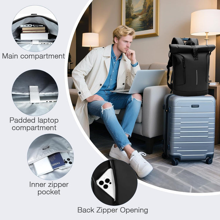 Rolltop Rucksack Herren Damen, Wasserdicht Laptop Schulrucksack mit 17 Zoll Laptopfach, Gross Reiser